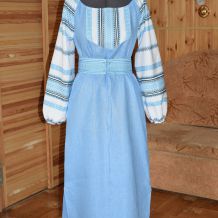 Платье из голубого льна с узорной тканью Светлолика
