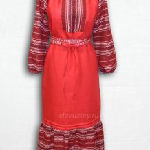 Платье из красного льна с узорной тканью Орепей