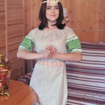 Платье натурального цвета с узорной тканью Ладушка