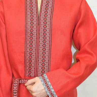 Рубаха из красного льна с узорной тканью Яринка
