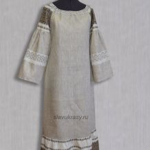 Платье из натурального льна с Узорной ткани Ладушка бежевая