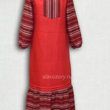 Платье из красного льна с узорной тканью Орепей